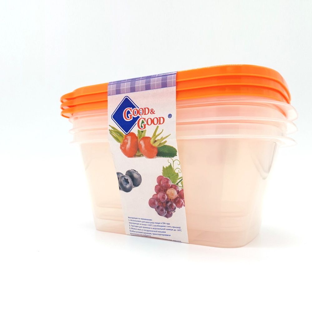 Набор из 3 контейнеров для еды Good&amp;Good, 1,1л с оранжевыми крышками
