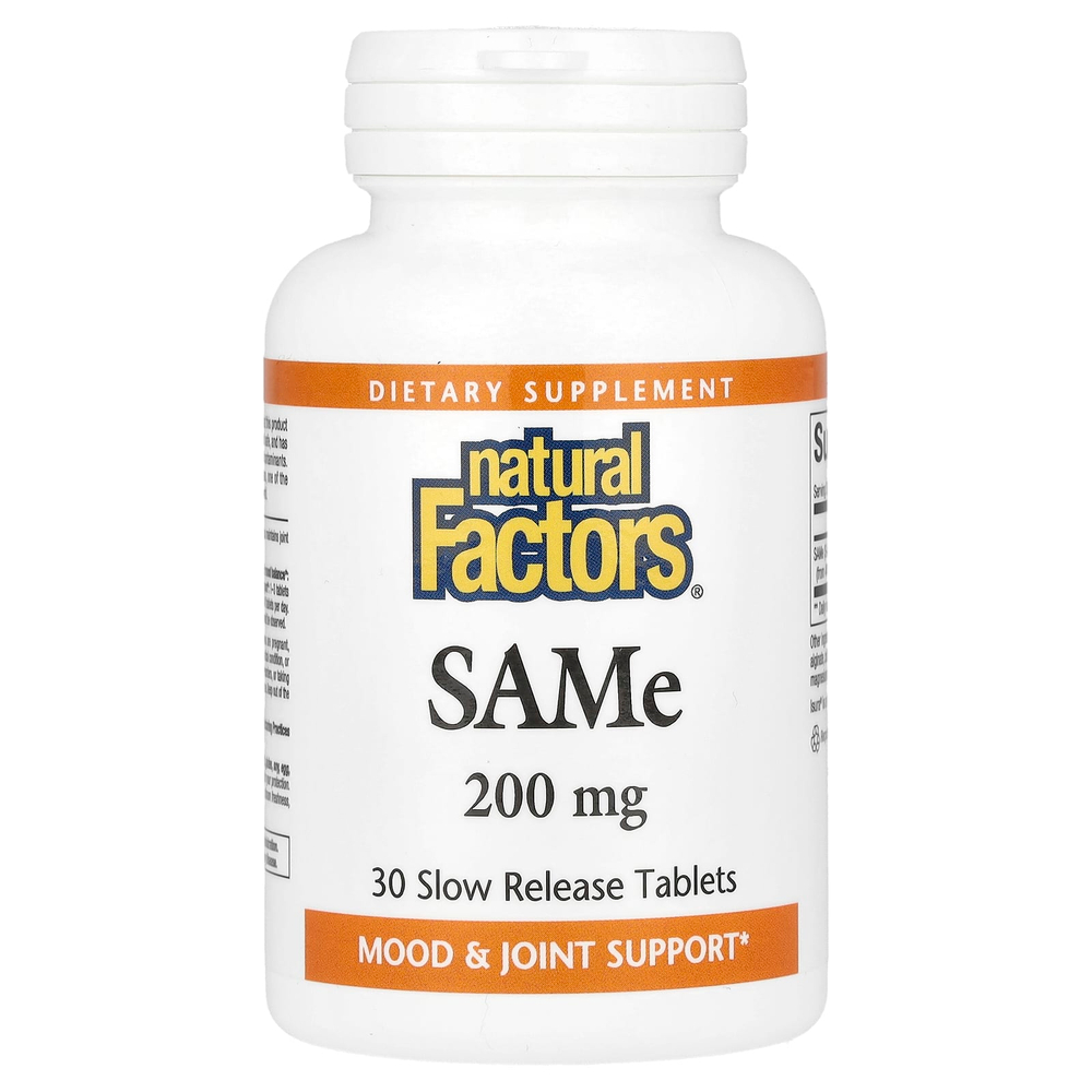 Natural Factors, SAMe, 200 мг, 30 таблеток медленного высвобождения
