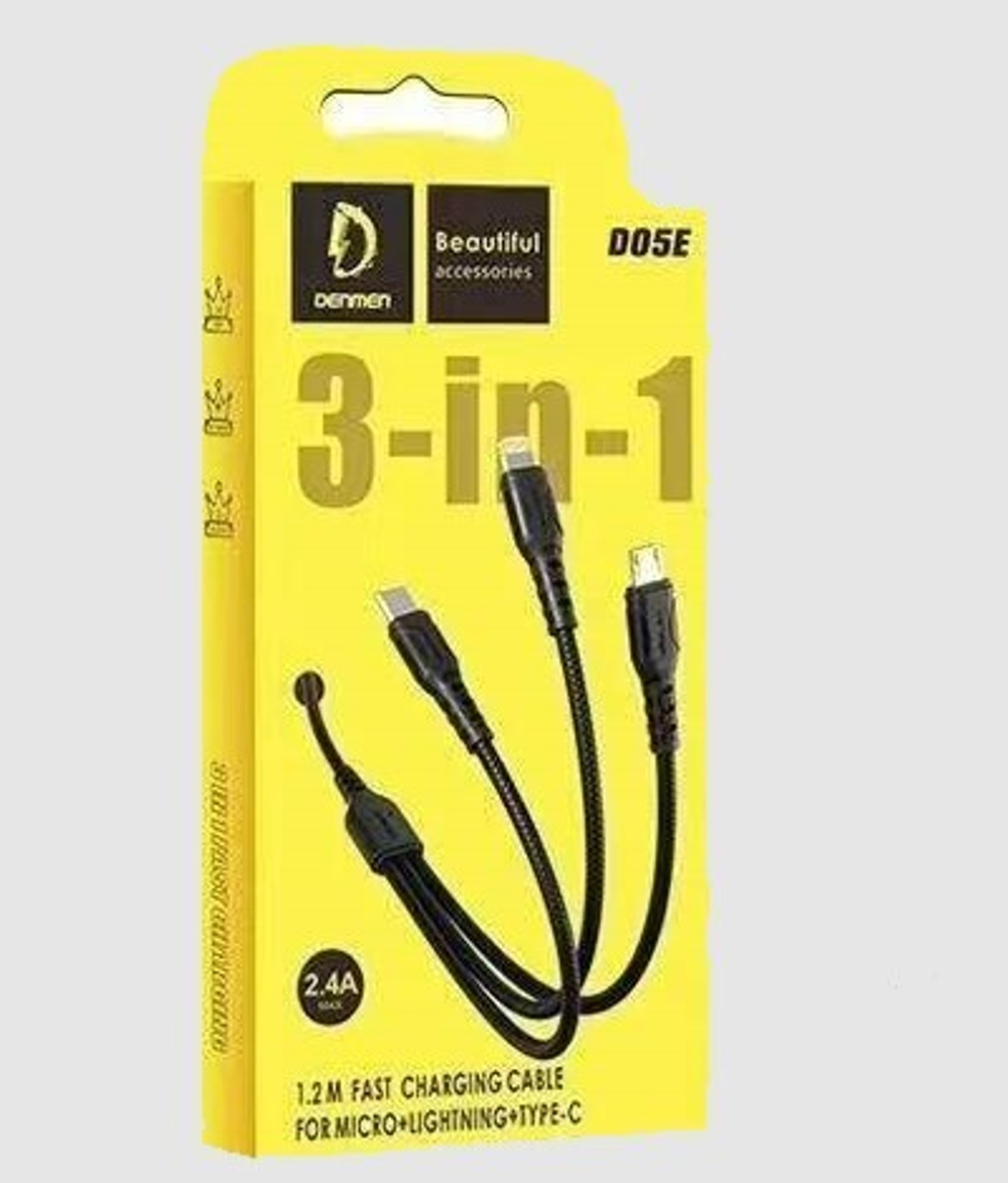 Кабель 3-in-1 DENMEN D05E MicroUSB+Lightning+Type-C 2.4A 1м PVC Black