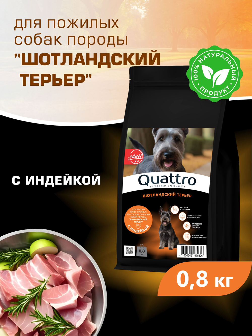 Quattro корм для пожилых собак породы Шотландский терьер (7+), с индейкой, 800 гр, QUATTRO