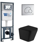 Унитаз подвесной WeltWasser MARBERG 410 + GELBACH 043 MT-BL + MAR 410 RD CR черный матовый, безободковый, с крышкой микролифт, слив-торнадо, с инсталляцией и кнопкой хром