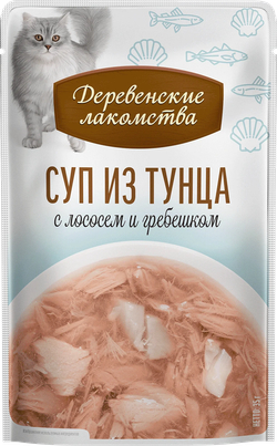 ДЕРЕВЕНСКИЕ ЛАКОМСТВА Пауч для кошек суп из тунца с лососем и гребешком 0,035 кг