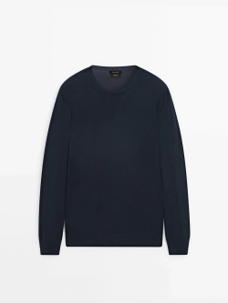 Massimo Dutti Хлопковый свитер с длинными рукавами, темно-синий