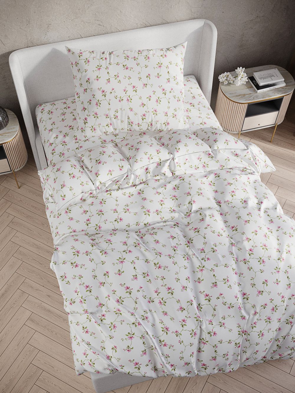 Постельное белье Сказка "Весенние цветы" 1,5-сп Наволочка 50х70 см 1 шт Простынь на резинке 90х200 см Пододеяльник 145х215 см, перкаль