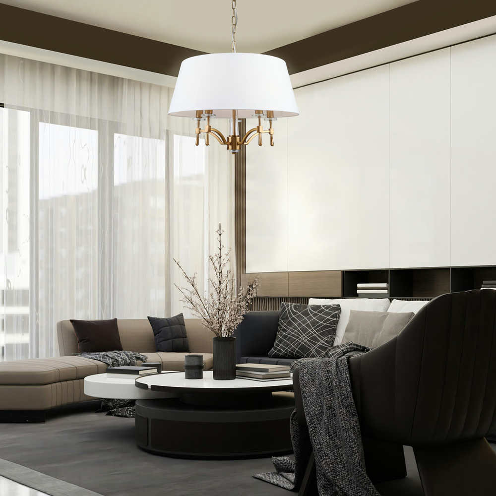 Люстра подвесная 5x40Вт E14, металл/ткань/хрусталь/стекло, бронза/белый плафон/прозрачный хрусталь/прозрачное стекло