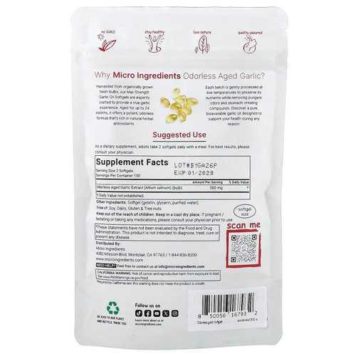 Micro Ingredients, выдержанный экстракт чеснока без запаха, 300 капсул (250 мг в 1 капсуле)