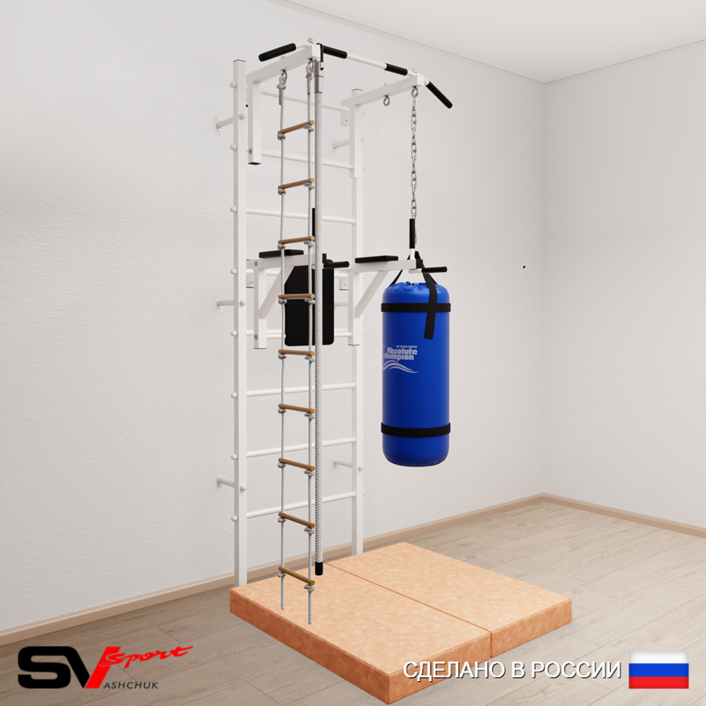 Шведская стенка Sv Sport усиленная 6755 (Турник стандарт/Брусья/Канат/Лестница/Цепь/Мешок 15кг/Мат 1м)