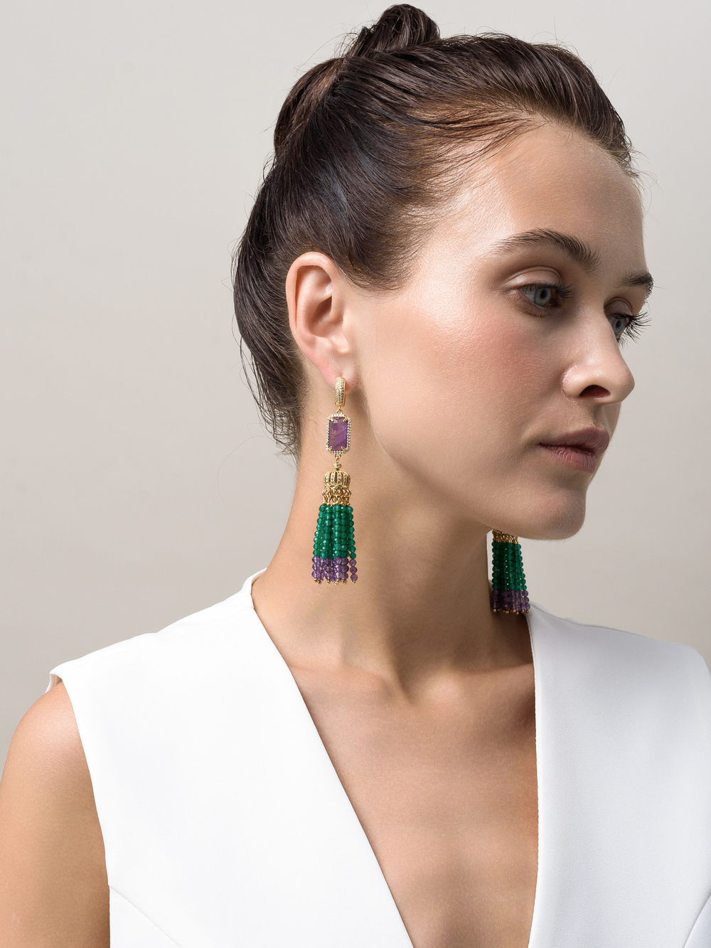 Серьги "Queen" из зеленого агата и аметиста Gold