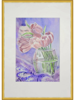 Картина авторская акварельная в паспарту 21х30 см на стену для интерьера "Тюльпаны"