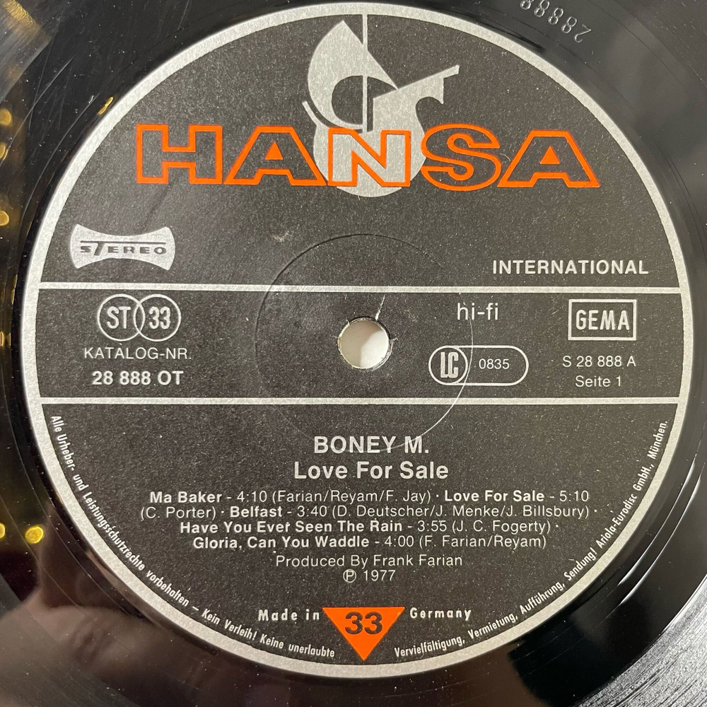 Винтажная виниловая пластинка LP Boney M Love For Sa le (Germany 1977)