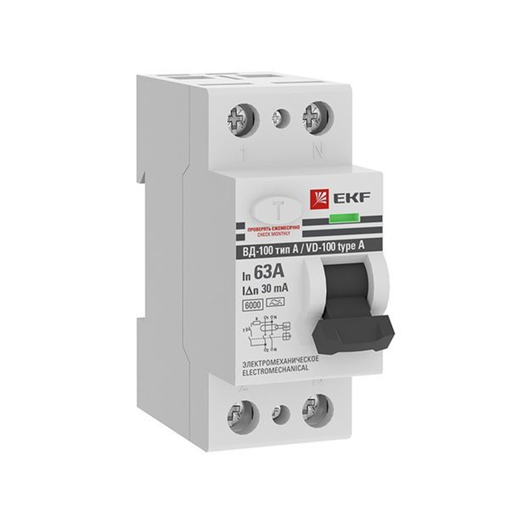 Устройство защитного отключения ВД-100 2P 63А 30мА тип А эл-мех 6кА EKF PROxima