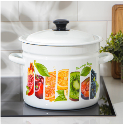 Кастрюля эмалированная, 7 л, d=24 см, цилиндрическая, деколь МИКС, цвет белый