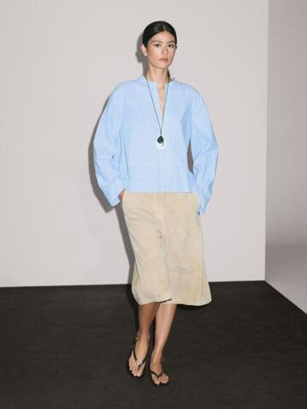 Massimo Dutti Блуза из смесового льна с декоративными швами, небесно-голубой