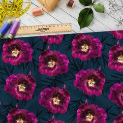 Ткань атлас реалистичные сиреневые петуньи на тёмно-зелёном фоне