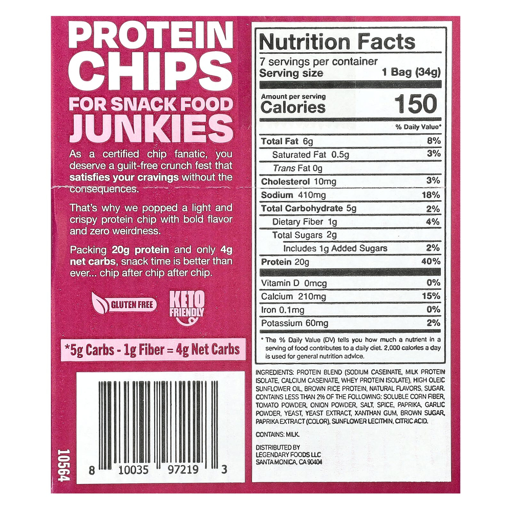 Legendary Foods, протеиновые чипсы, барбекю, 7 пачек по 34 г (1,2 унции)