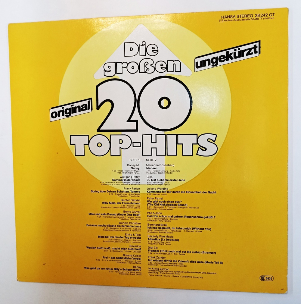 Винтажная виниловая пластинка LP Сборник Die Grossen 20 Top Hits (Germany 1976)
