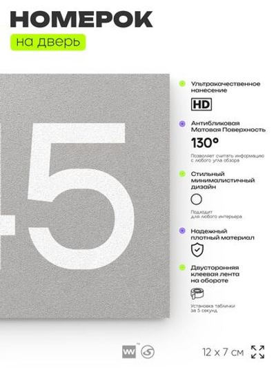 Номер на дверь 945, табличка на дверь для офиса, квартиры, кабинета, аудитории, склада, серая 120х70 мм, Айдентика Технолоджи