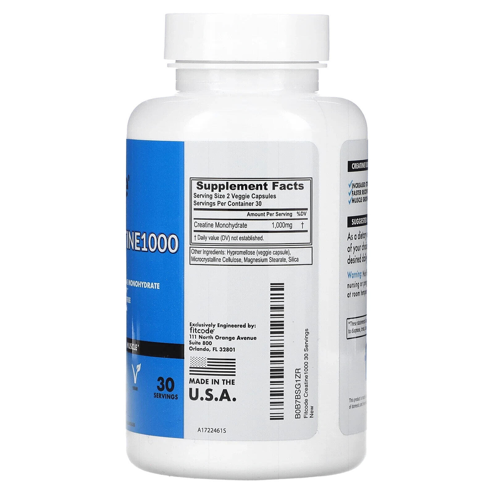 fitcode, Creatine1000, 1000 мг, 60 растительных капсул (500 мг в 1 капсуле)