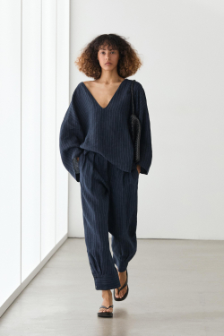 Massimo Dutti Полосатые льняные брюки-саруэль, темно-синий