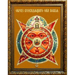 Всевидящее Око Божие. Икона Божьей Матери на холсте с мощевиком.
