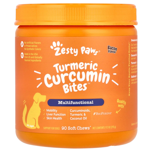 Zesty Paws, Turmeric Curcumin Bites, добавка для собак, со вкусом бекона, 90 мягких жевательных таблеток