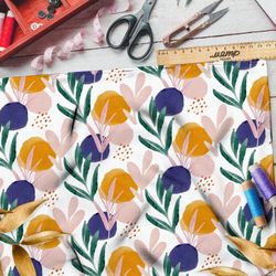 Ткань шелк Армани цветные круги и листва на белом фоне