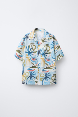 ZARA РУБАШКА С ПРИНТОМ «ФОРМЫ», ВЫЦВЕТШИЙ СИНИЙ