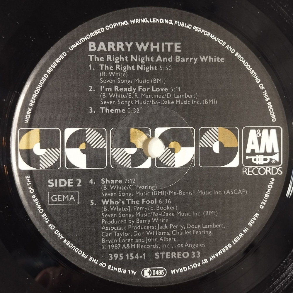 Винтажная виниловая пластинка LP The Right Night and Barry White (Germany 1987)