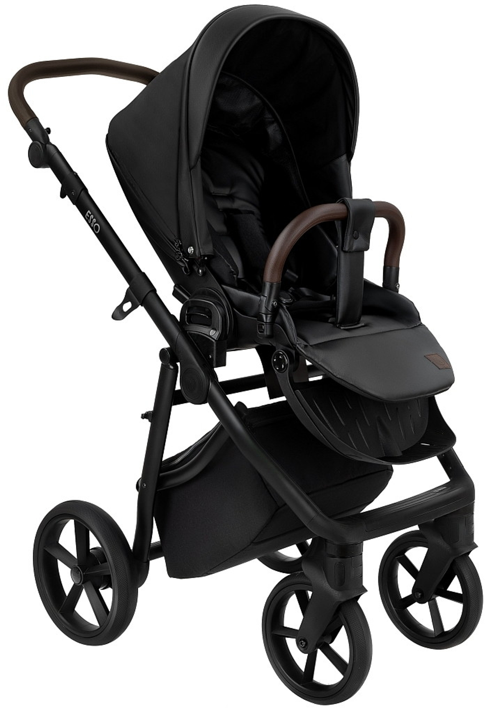 Детская коляска Roan Esso Кожа 3 в 1 с автокреслом Pituso Baesa Pro Black ESSK/210/1 Black /Black/руч.Тем.коричневый