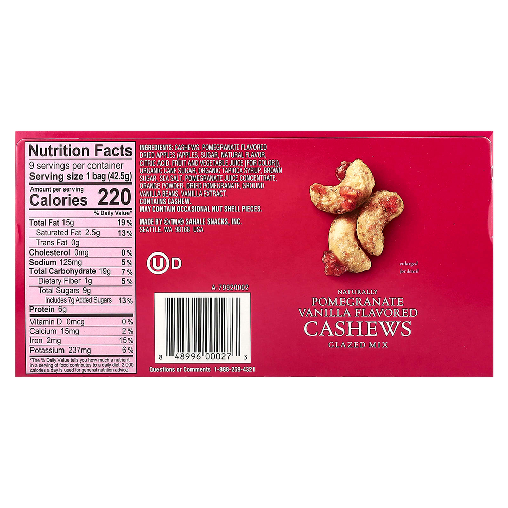 Sahale Snacks, смесь в глазури, натуральный гранат, ваниль и кешью, 9 пакетиков по 42,5 г (1,5 унции)