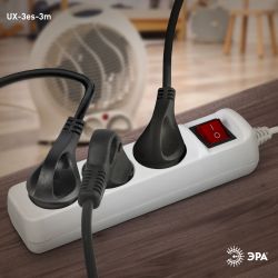 Удлинитель электрический ЭРА UX-3es-3m с заземлением с выключателем 3 розетки 3 м ПВС 3x0,75мм2 10А