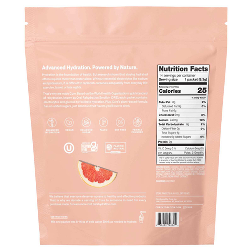 Cure Hydration, смесь электролитов для гидратации, грейпфрут, 14 пакетиков по 8,3 г (0,29 унции) каждый