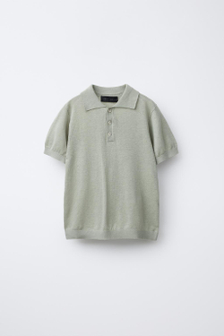 ZARA ПОЛО ИЗ ХЛОПКА И ЛЬНА, ЗЕЛЕНЫЙ
