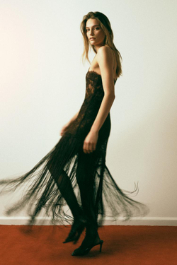 ZARA ПЛАТЬЕ НА БРЕТЕЛЯХ С КРУЖЕВОМ И БАХРОМОЙ, КОРИЧНЕВЫЙ