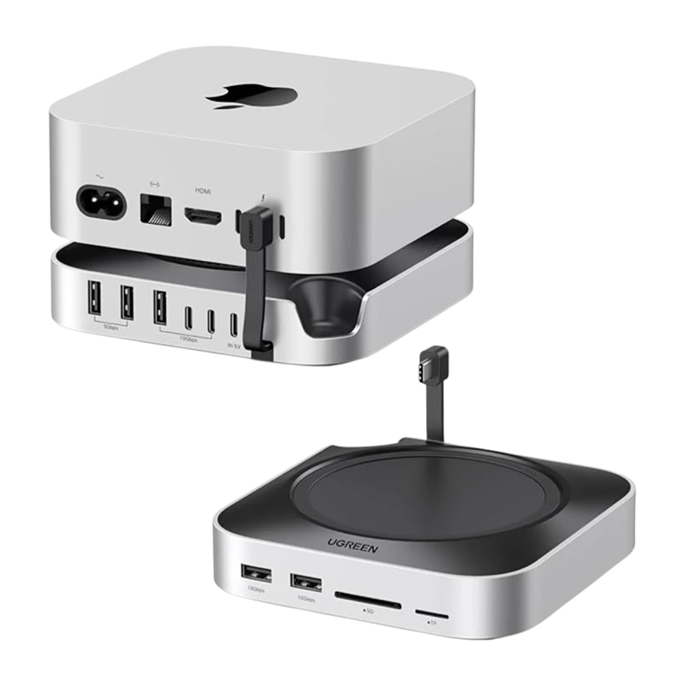 USB-Хаб-подставка с отсеком для SSD Ugreen для Mac mini (M4 | 2024) (CM841) Подключение: встроенный плоский L-образный кабель USB-C (4 см), USB-C (15 Вт). Порты: 2 USB-C 3.2 Gen 2, 3 USB-A 3.2 Gen 2, 2 USB-A 3.2 Gen 1, microSD, SD. Есть отсек для SSD M.2