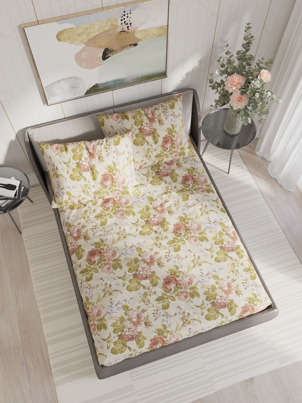 Постельное белье перкаль Сказка "Прохоровская роза" 2-спальное Наволочка 50х70 см 2 шт Простынь на резинке 160x200 см Пододеяльник 175x215 см