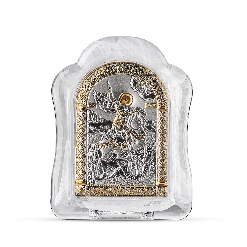 Георгий Победоносец, икона арочная, белое муранское стекло 86х112