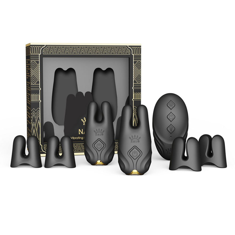 Черные виброзажимы на соски с пультом ДУ и управлением через приложение Zalo Nave Vibrating Nipple Clamps Obsidian Black