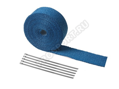Термолента для глушителя синяя 1mm*50mm*10m, с 5 хомутами,стекловолокно (в блистере)