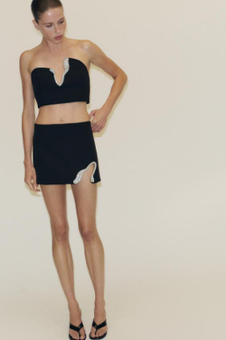 ZARA МИНИ-ЮБКА С ДЕКОРАТИВНОЙ ОТДЕЛКОЙ, ЧЕРНЫЙ