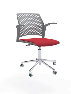 Кресло Rewind каркас хром, пластик серый, база стальная хромированная, с открытыми подлокотниками, сиденье красное