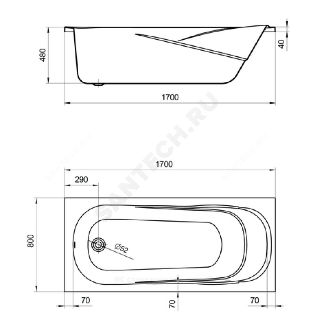Ванна акриловая Касабланка XL 170х80см без ножек Santek 1.WH30.2.441