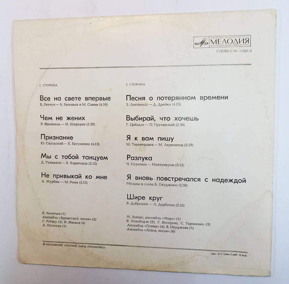 Винтажная виниловая пластинка Сборник Признание (СССР 1979) (Лейся песня, Ротару, Пугачева, Леонтьев)