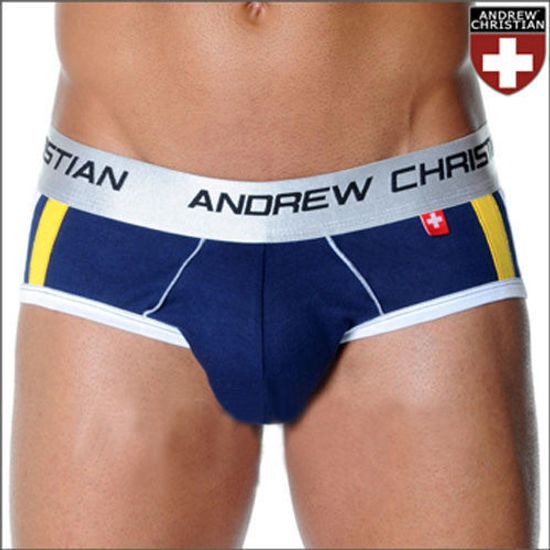 Мужские трусы брифы синие с передним  пуш-ап Andrew Christian Shock Jock Racer Brief Navy  AC53
