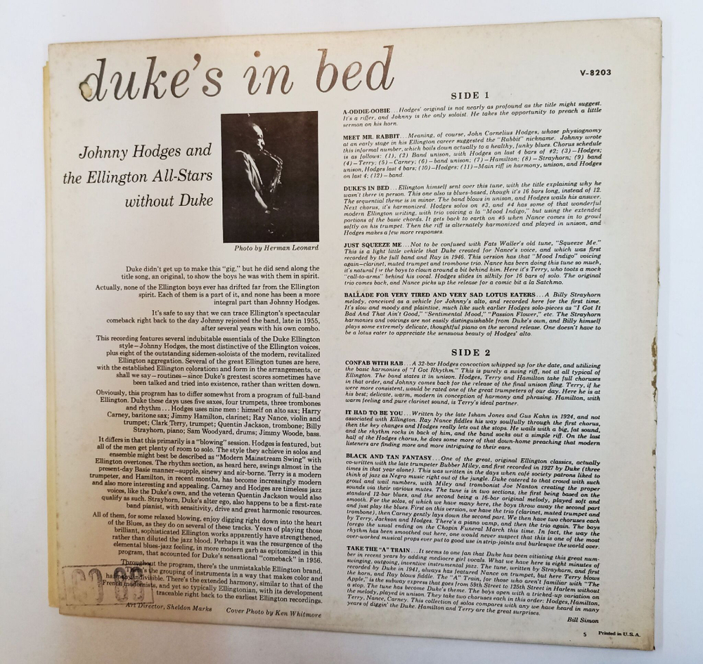 Винтажная виниловая пластинка LP Johnny Hodges And The Ellington All Stars Without Duke Dukes In Bed (USA 1961)