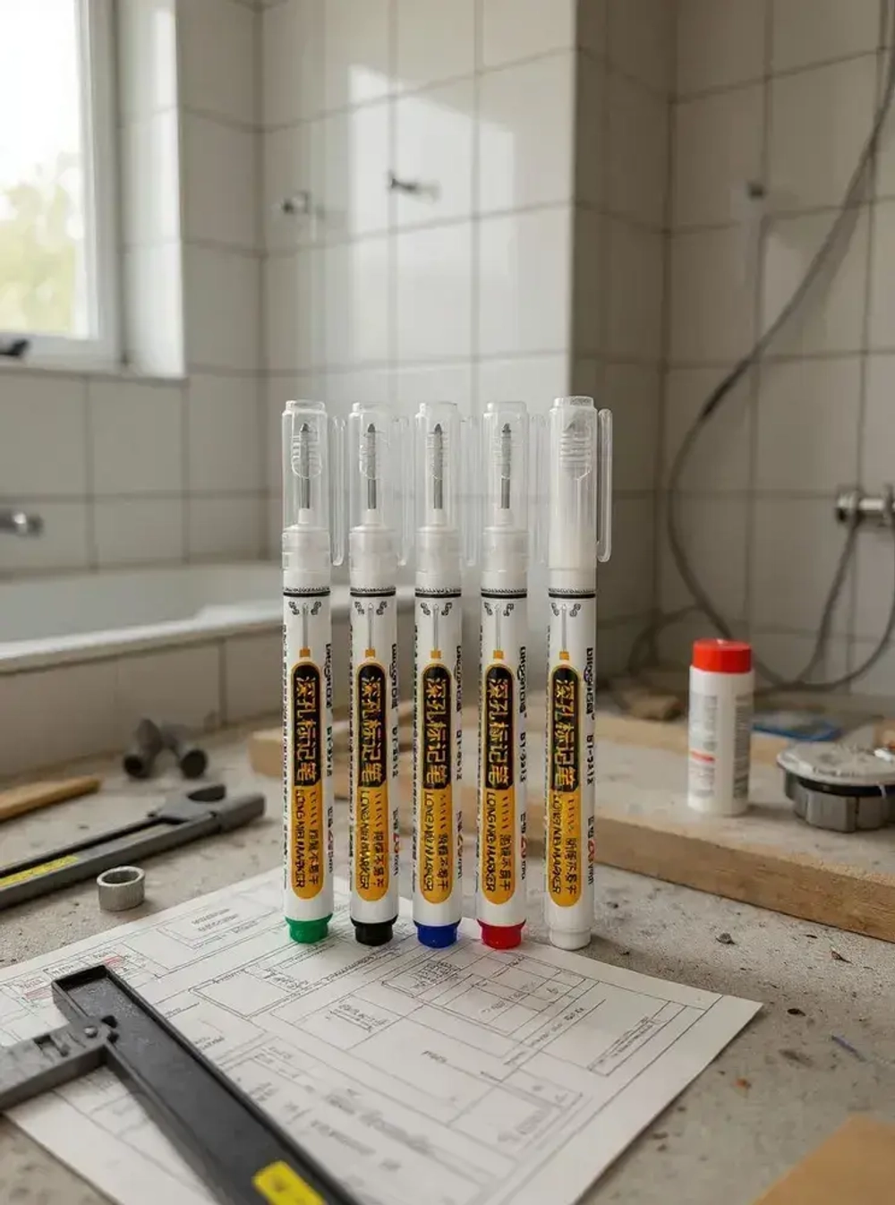 Водостойкий перманентный разметочный строительный маркер тонкий, набор 5 разноцветных с длинным наконечником, для бетона, дерева, металла и др.