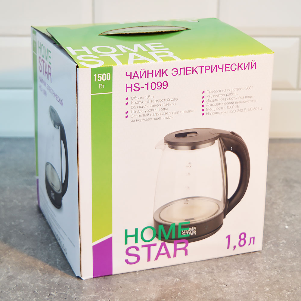 Чайник электрический 1,8л HomeStar HS-1099, стекло, пластик, черный