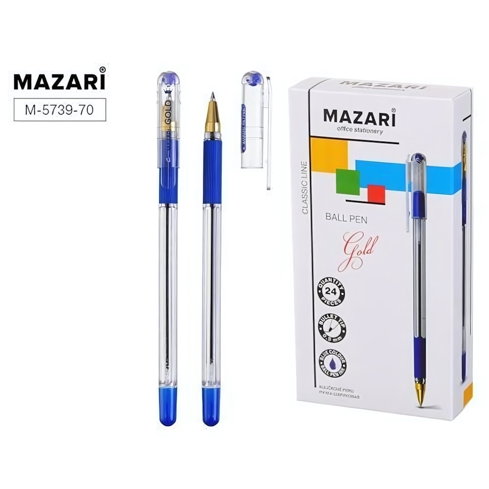 Ручка шарик. 0.5мм. "Gold" синяя, с грипом, cмен.стержень 140 мм, корп. прозрачный (Mazari)