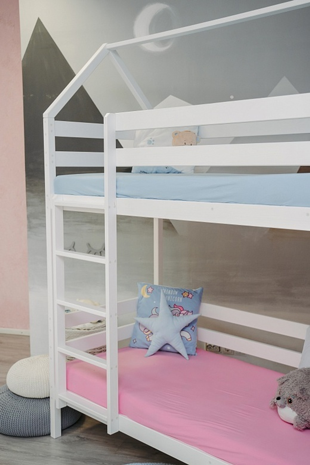 Кроватка-Домик детская Classic Сосна Двухъярусная 180х90 - Белая