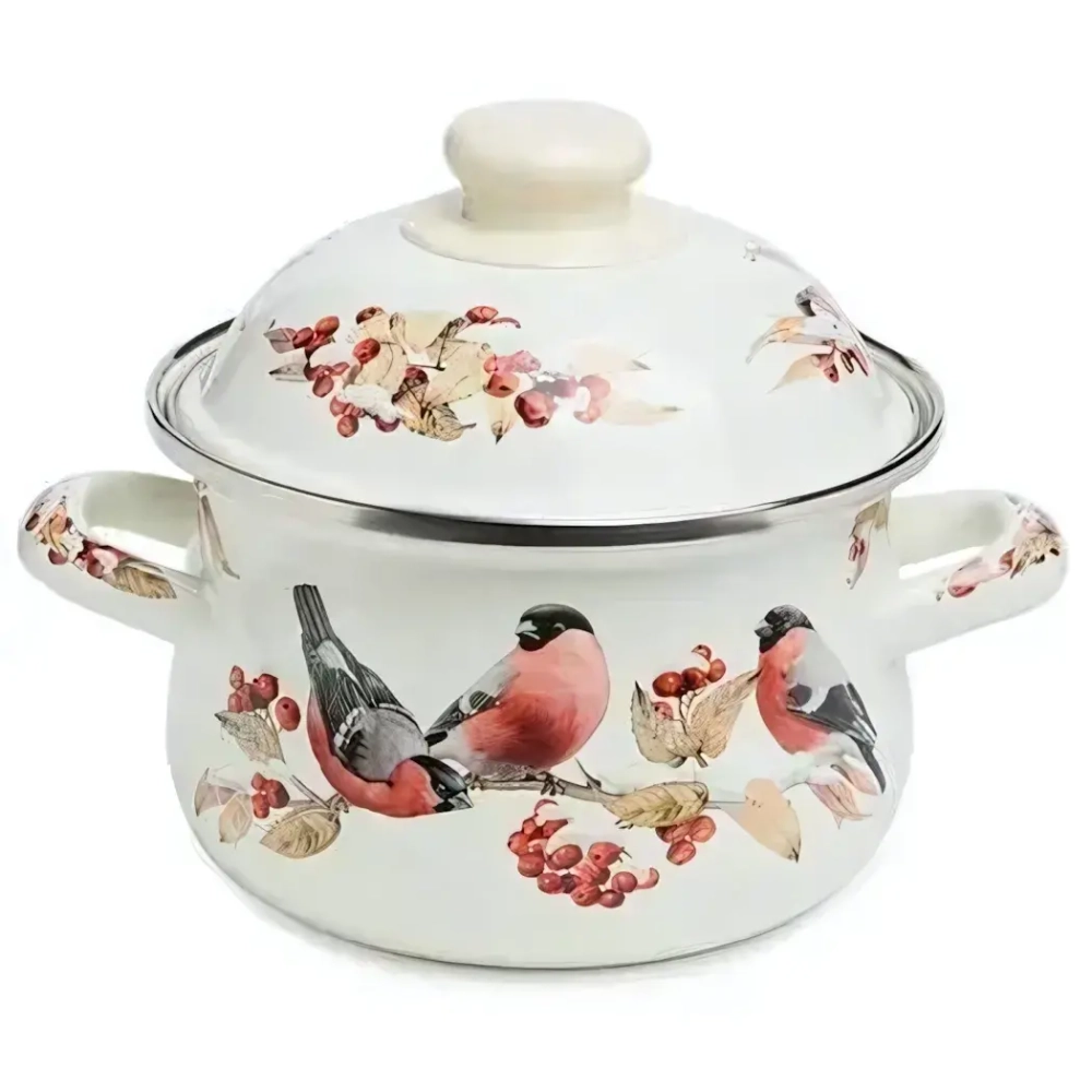 КАСТРЮЛЯ AGNESS ЭМАЛИРОВАННАЯ С ЭМАЛ.КРЫШКОЙ СЕРИЯ «СНЕГИРИ», 1.5 Л, 16*10 СМ